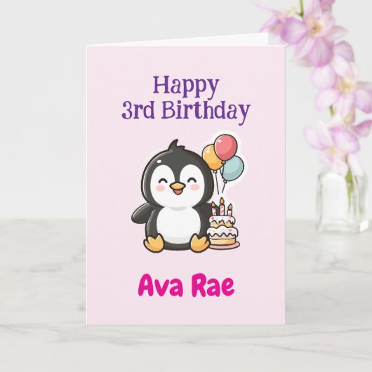 Carte Happy 3rd Birthday, Cute Penguin, Personalized (Orchidée)