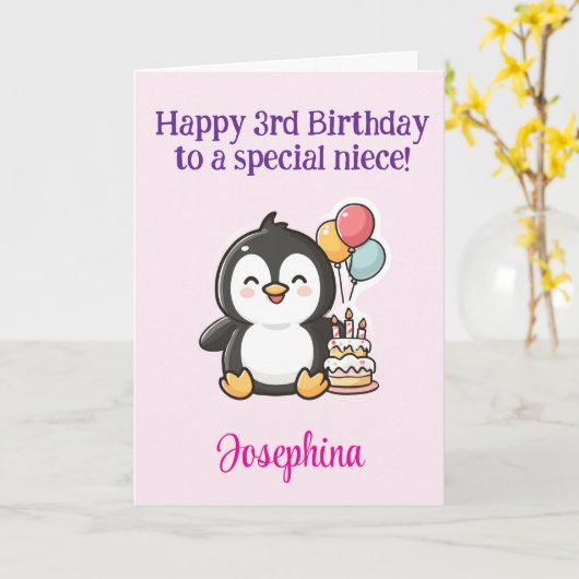 Carte Happy 3rd Birthday Niece, Penguin, Personalized (Fleur jaune)