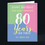 Carte Happy 80th Birthday<br><div class="desc">Célébrez un anniversaire avec une carte personnalisée indiquant le nom du récipiendaire,  le nombre d'années et la date. Ajoutez également un message à l'intérieur. Carte d'anniversaire pour 80 ans.</div>