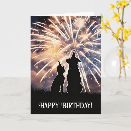 Carte Happy Birthday Cute Cat Dog Fireworks (Fleur jaune)