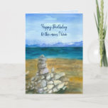 Carte Happy Birthday Husband Lake Zen Rocks<br><div class="desc">A "Happy Birthday to the man I love" greeting card decorated with a mountain lake with zen rocks stacked on the beach painted in watercolor. Inspired by a early spring scene from Lake Tahoe south shore.  You can edit the message to fit your needs.</div>