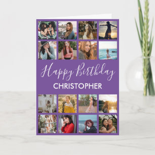 Carte Happy Birthday Photo Collage 16 Photos Purple Card