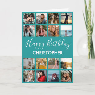 Carte Happy Birthday Photo Collage 16 Photos Turquoise