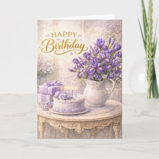 Carte Happy Birthday Purple Iris Cottage Still Life (Devant)