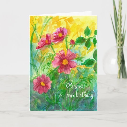 Carte Happy Birthday Sister Pink Cosmos Flowers (Devant)