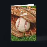 Carte Happy Birthday Son Baseball with Mitt<br><div class="desc">Parfait pour les amateurs de baseball ! A baseball and mitt in the tall summer grass - totally customizable for you to personalize as you please!</div>