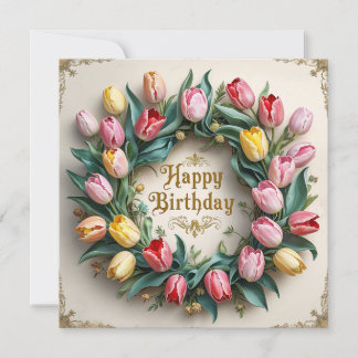 Carte Happy Birthday Tulip Flower Wreath 