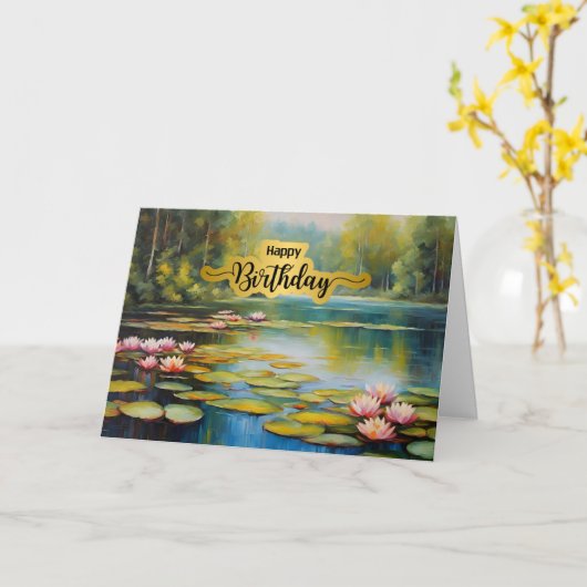 Carte Happy Birthday Water Lily Pond, Forest, Nature (Fleur jaune)