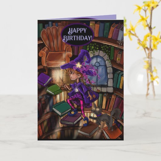 Carte Happy Birthday Witch Girl, Let your Magic Shine! (Fleur jaune)