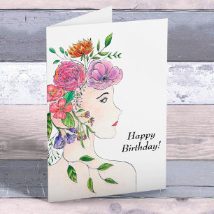 Carte Happy Birthday Woman With Flowers Illustration