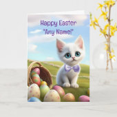 Carte Happy Easter Custom Name Cute Kitten (Fleur jaune)