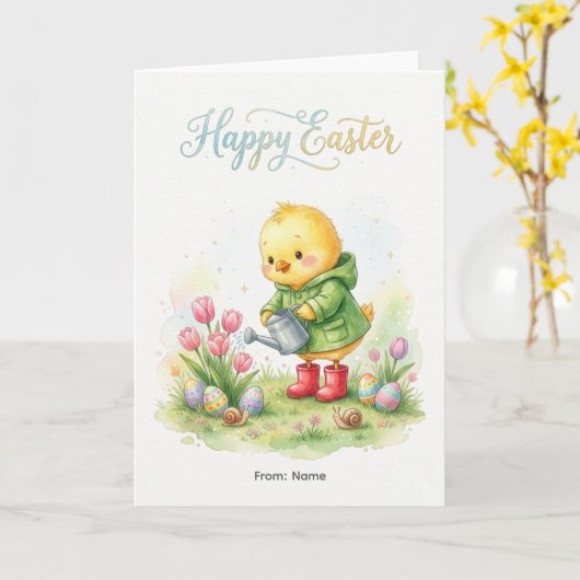 Carte Happy Easter Cute Chick Spring (Fleur jaune)