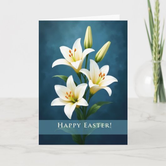 Carte Happy Easter Elegant White Lilies Blue Background (Devant)