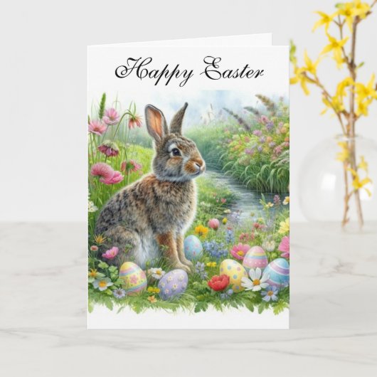 Carte Happy Easter Rabbit and Holiday Eggs  (Fleur jaune)