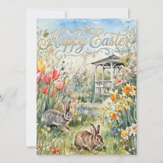 Carte Happy Easter Spring Flowers & Bunnies Easter Card (Devant)