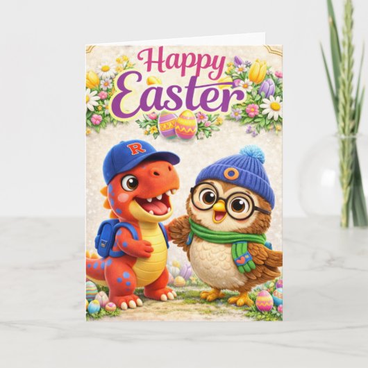 Carte Happy Easter with Rex and cute dinosaur and owl sp (Devant)