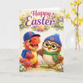 Carte Happy Easter with Rex and cute dinosaur and owl sp (Fleur jaune)