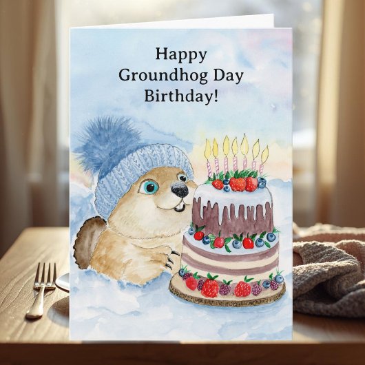 Carte Happy Groundhog Day Birthday Groundhog with Cake