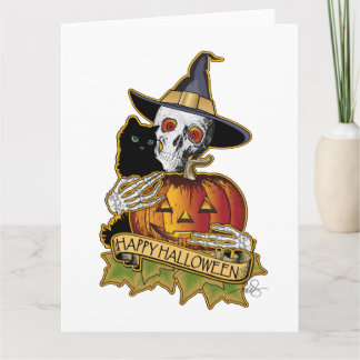 Carte Happy Halloween Chat noir, Crâne et Citrouille