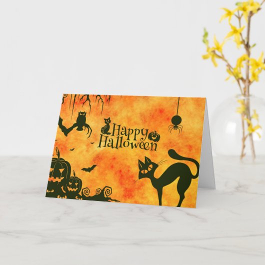 Carte Happy Halloween Chat noir, hibou, citrouille (Fleur jaune)