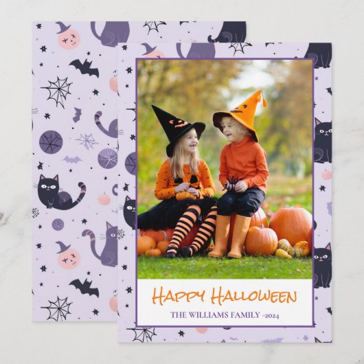 Carte Happy Halloween chats violet Photo Holiday Card (Devant / Derrière)