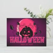 Carte Happy Halloween Citrouille effrayant et rose viole (Debout devant)