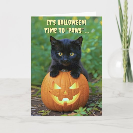 Carte Happy Halloween Cute Black Kitten et Citrouille Fu (Devant)