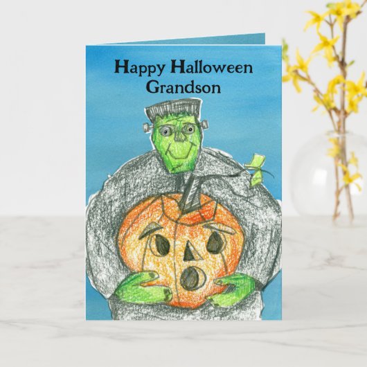 Carte Happy Halloween Grandson Frankenstein Citrouille (Fleur jaune)