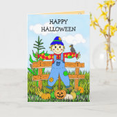 Carte Happy Halloween Whimsical Scarecrow et Citrouilles (Fleur jaune)