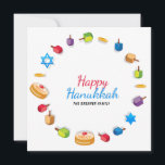 Carte Happy Hanoukka Modern Photo Dreidel Star Nom<br><div class="desc">Ce design de vacances présente le texte "Happy Hanoukka" dans la typographie moderne rouge et bleu entourée de dreidels, pièces d'or, étoiles et sufganiyah. Personnalisé avec votre nom et votre photo préférée au dos. #hanoukka #chanukah #vacances #saisonnière #fête #moderne #dreidel #star #pièce #or #starofdavid #design #cartes de voeux #voeux #cartes...</div>