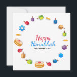 Carte Happy Hanoukka Modern Photo Dreidel Star Nom<br><div class="desc">Ce design de vacances présente le texte "Happy Hanoukka" dans la typographie moderne rouge et bleu entourée de dreidels, pièces d'or, étoiles et sufganiyah. Personnalisé avec votre nom et votre photo préférée au dos. #hanoukka #chanukah #vacances #saisonnière #fête #moderne #dreidel #star #pièce #or #starofdavid #design #cartes de voeux #voeux #cartes...</div>
