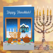 Carte Happy Hanukkah Window Scene Cozy Winter