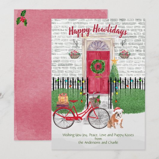 Carte Happy Holiday Anglais Bulldog Bicycle Porte Rouge (Devant / Derrière)
