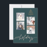 Carte Happy Holidays Gold Christmas Tree Photo Collage<br><div class="desc">Elégante photo moderne 4 carrés collage de la carte de voeux hivernale saisonnière avec un petit arbre de Noël métallique en cuivre dessiné à la main et un script de calligraphie "happy holiday" taupe gris sur un arrière - plan vert chasseur foncé. Personnalisez avec quatre photos, du texte et de...</div>