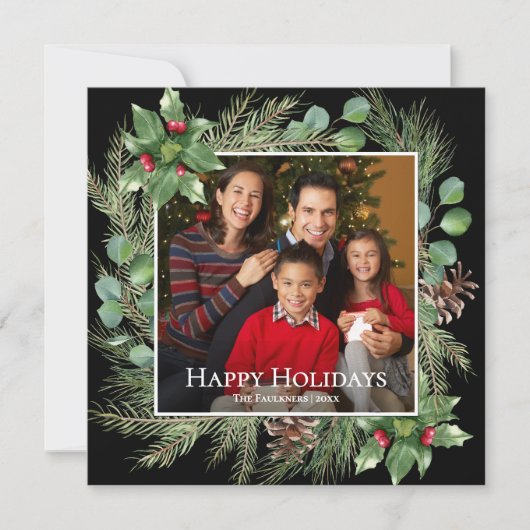 Carte Happy Holidays Photo Wreath Greenery Square Card (Devant)