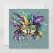 Carte Happy Mardi Gras Masque à plumes en vert (Devant)