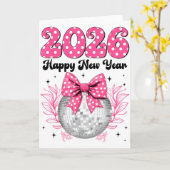 Carte Happy New Year 2026 Coquette Bow & Disco Ball (Fleur jaune)