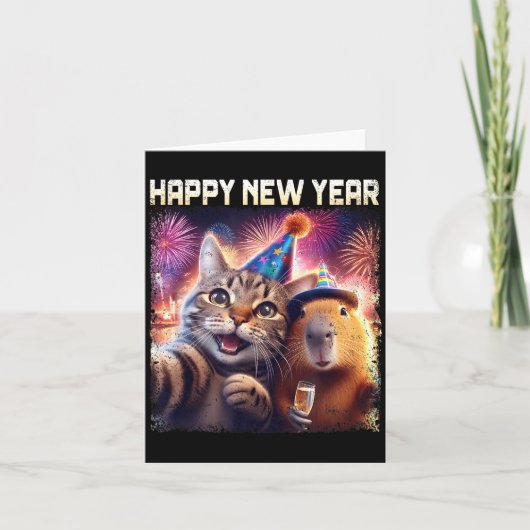 Carte Happy New Year 2026 Cute Cat Capybara Party Art  (Devant)