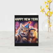 Carte Happy New Year 2026 Cute Cat Capybara Party Art  (Fleur jaune)