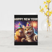 Carte Happy New Year 2026 Cute Cat Capybara Party Art  (Fleur jaune)