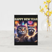Carte Happy New Year 2026 Cute Cat Raccoon Celebration  (Fleur jaune)