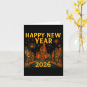 Carte Happy New Year 2026 Fantasy Castle Fireworks Night (Fleur jaune)