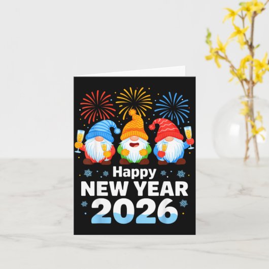 Carte Happy New Year 2026 Gnome With Fireworks And Champ (Fleur jaune)