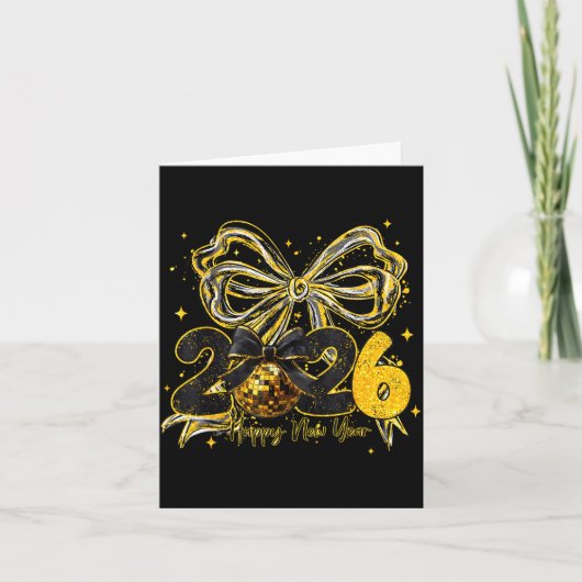 Carte Happy New Year Cute Gold Disco Ball Bow New Year's (Devant)