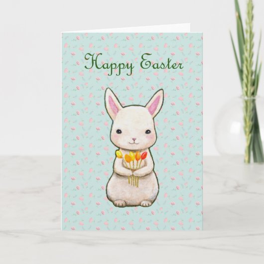 Carte Happy Pâques mignonne lapin blanc avec fleurs Prin (Devant)