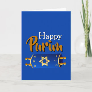 Carte Happy Purim Greeting Card - Blue Gold Torah Scroll