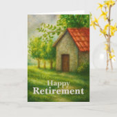 Carte Happy Retirement Card | Peaceful Cottage Landscape (Fleur jaune)
