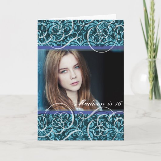Carte Happy Sixteenth Birthday Damask Photo Portrait (Devant)
