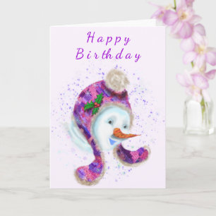 Carte Happy Snowman Dans Purple Rose Beanie Hiver Casque