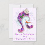 Carte Happy Snowman Dans Purple Rose Beanie Hiver Casque<br><div class="desc">Happy Snowman In Purple Pink Beanie Winter Casquette Fun Christmas Painting Collection - Choisissez / Ajoutez votre texte unique / Nom / Couleur - Faites votre cadeau spécial - Redimensionnez et déplacez ou ajoutez des éléments - image / texte avec outil de personnalisation. Peinture et design par MIGNED. S'il vous...</div>